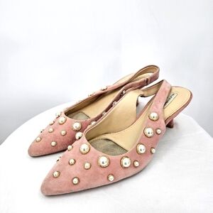 Alex Marie Pink Suede Pearl Embellished Slingback Kitten Heel Pumps Size 6 Coque